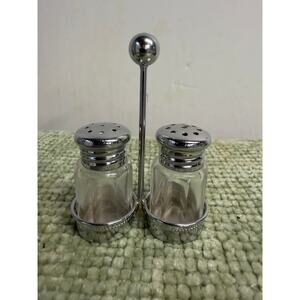 Vintage Inarice Japan Salt Pepper Shakers Glass Metal Caddy Set